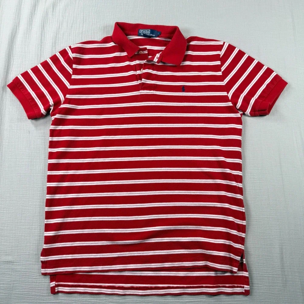 Vintage Y2K Ralph Lauren Boys Large Red White Striped Short Sleeve Polo Shirt‎